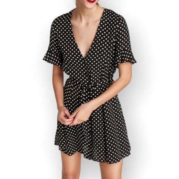 Zara Dresses & Skirts - Zara Woman Black White Polka Dot Mini Retro Button Ruffle Sleeve Dress-XS